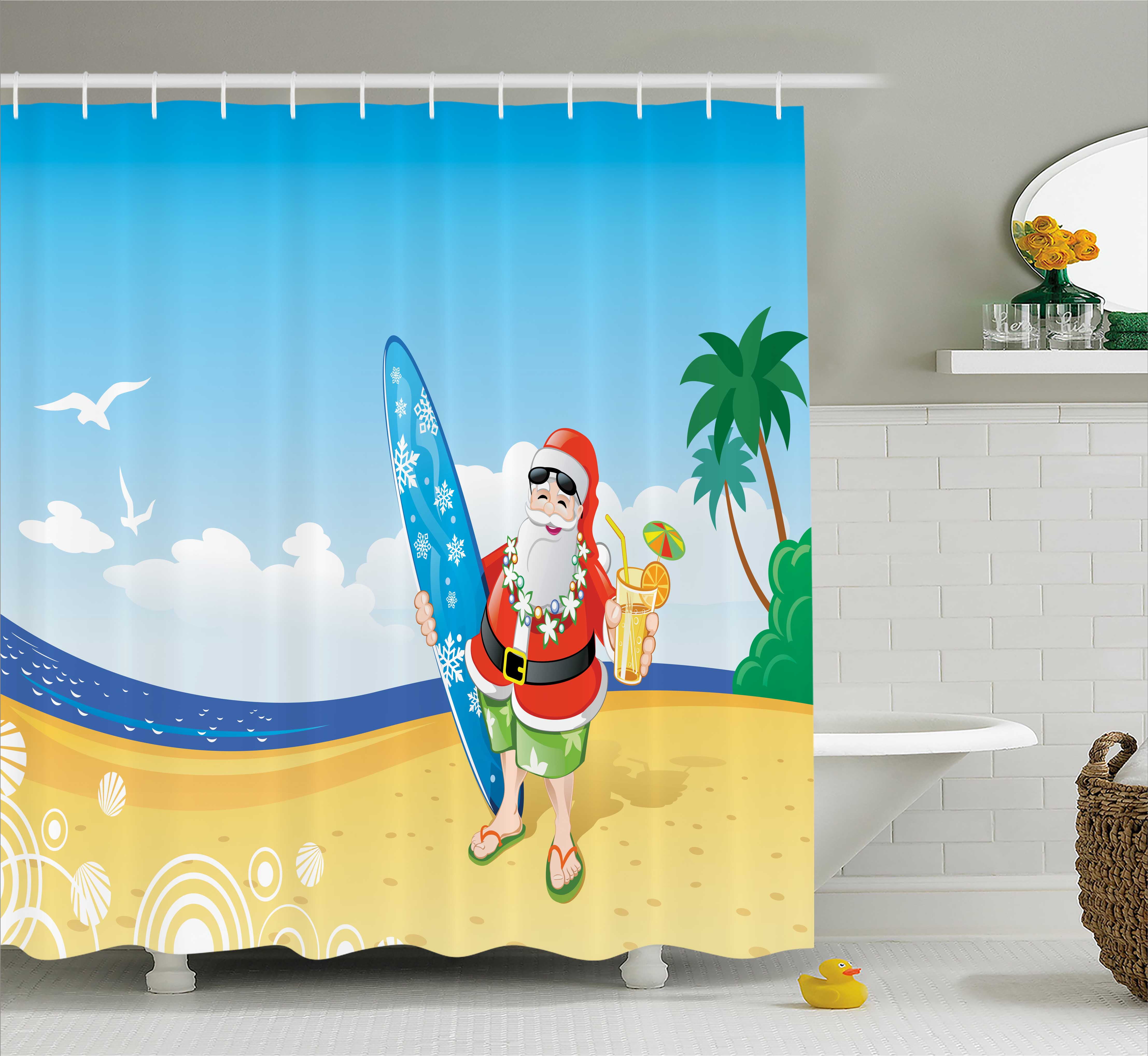 Christmas Shower Curtain, Santa Claus on the Beach with Surfboard
