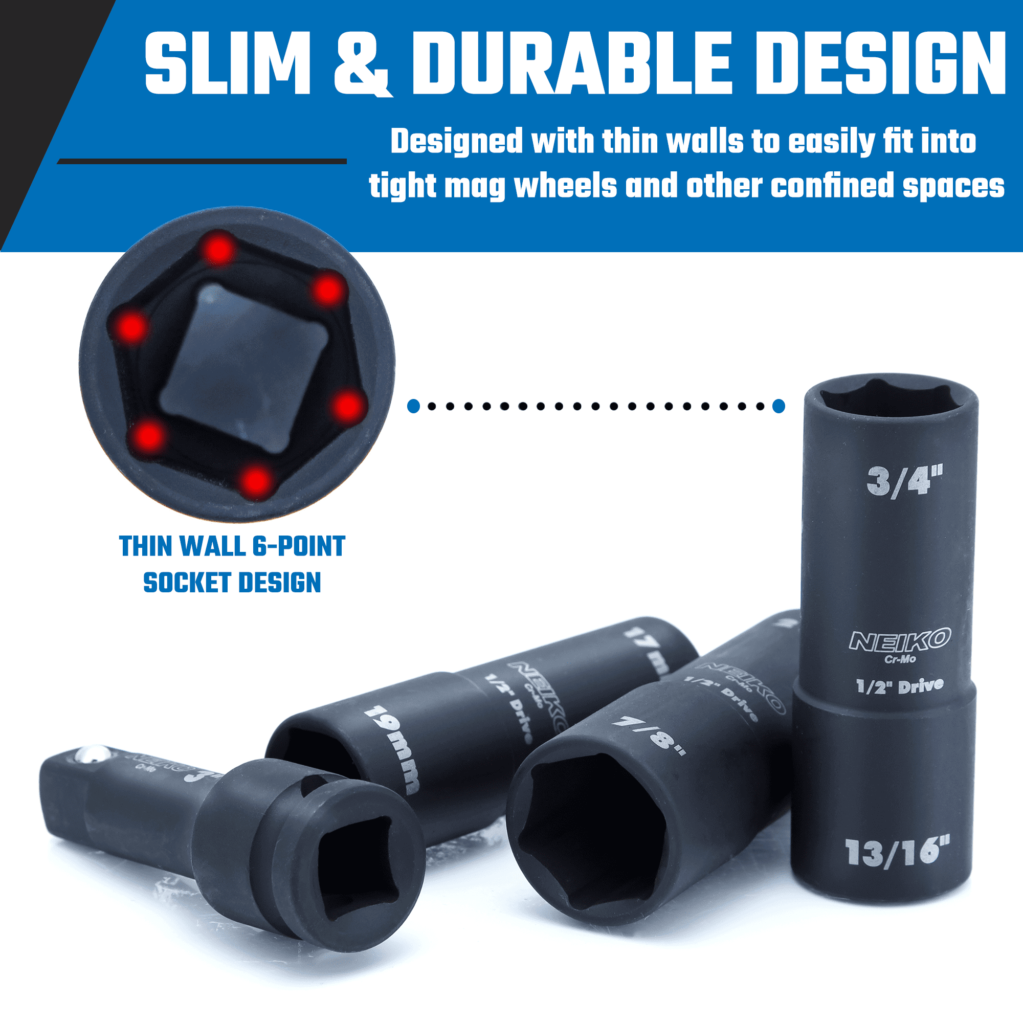 NEIKO 02281B 1/2" Drive Impact Flip Socket Set, Thin Wall Socket, 4 Piece Lug Nut Impact Socket Set, SAE and MM, 3” Extension Bar, Cr-Mo Steel, Impact Lug Nut Socket Set
