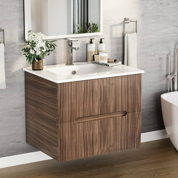 Erinnyees 24" Natural Floating Bathroom Vanity Cabinet - Features Wall-Mounted Design, Ceramic Sink, and 2 Fluted Drawers with Concealed Handles