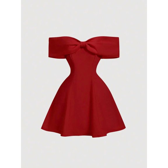 Red Off-Shoulder Bow Accent Mini Party Dress For Women