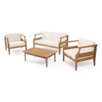 GDF Studio Bianca Outdoor Mid-Century Modern Acacia Wood 4 Seater Chat Set, Teak and Cream