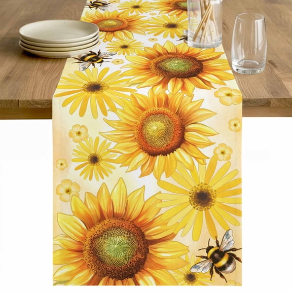 Sunflower Table Runner - 48 Inch Long Yellow Floral Elegant Flowers Pastoral Cotton and Linen Blended Dress Scarves Farmhouse Table Runner for Kitchen Dining, Coffee Table, 13" x 48"