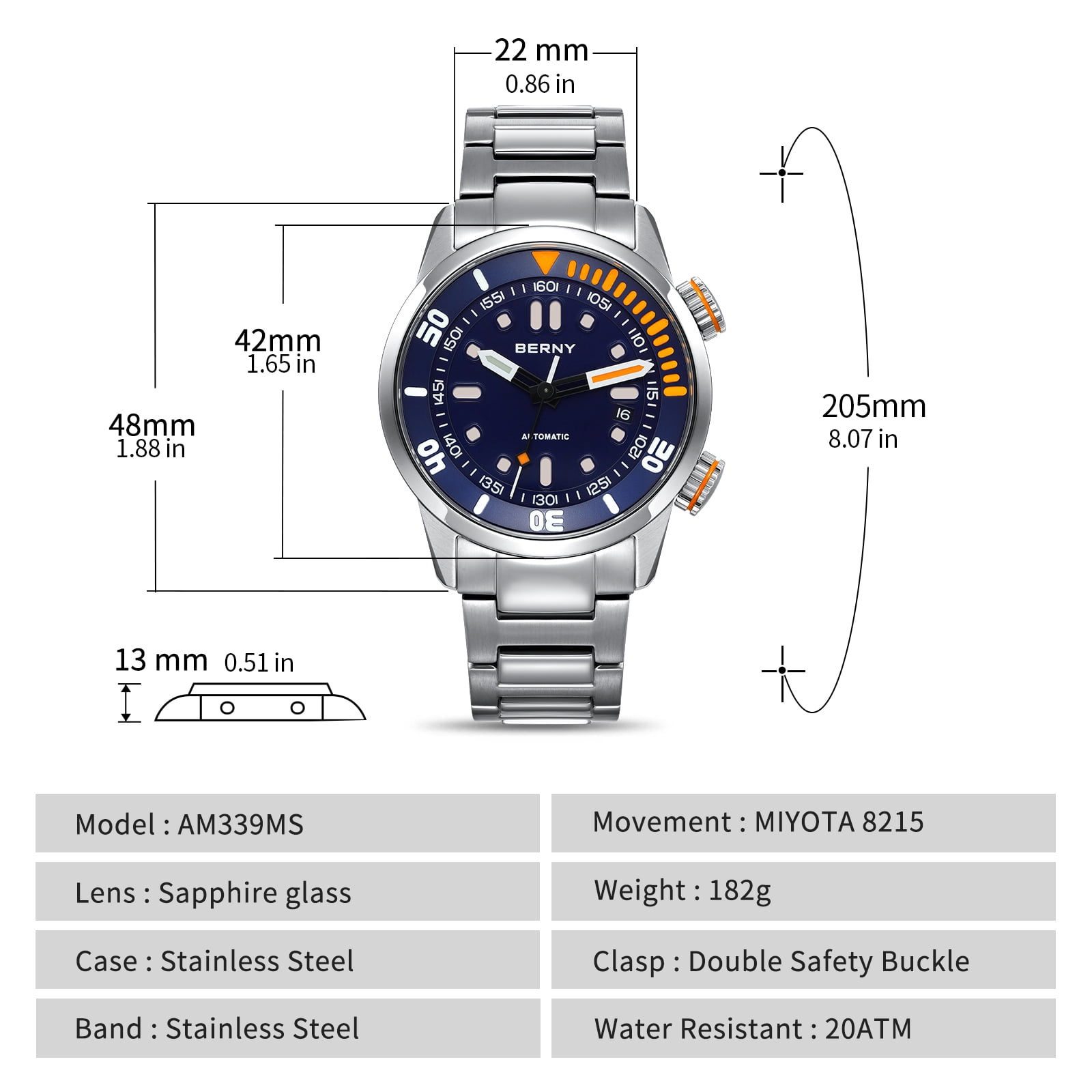 BERNY Automatic Dive Watches for Men, Sport 20ATM Waterproof Analog Mechanical Watch with Date, Super Luminous, Stainless Steel, Sapphire Crystal, Fashion Men's Pro Diver Watch (Blue)