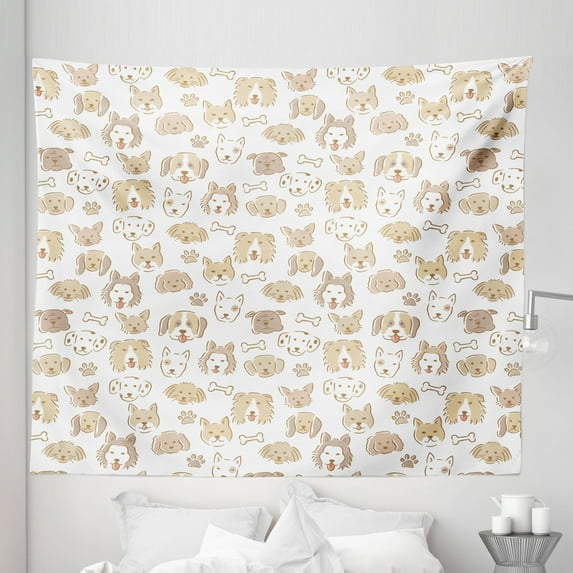 Puppy Tapestry, Pastel Repetitive Animal Pattern Happy Dogs Bones in Beige Color Palette, Fabric Wall Hanging Decor for Bedroom Living Room Dorm, 5 Sizes, Pastel Brown and White, by Ambesonne