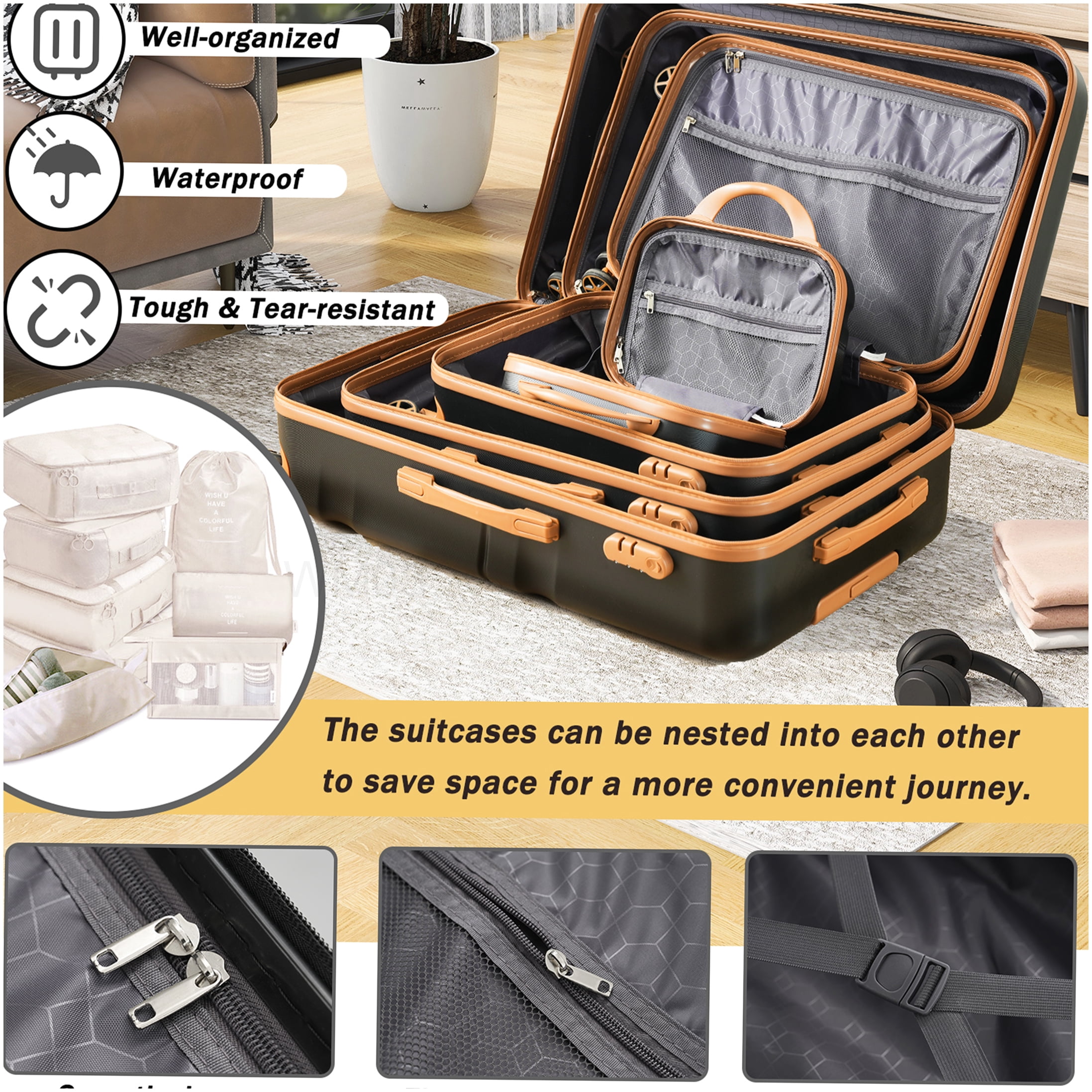 ABS Hardshell Suitcase Set with 360° Spinner Wheels, TSA Lock, Lightweight Checked & Carry-On Luggage in Black