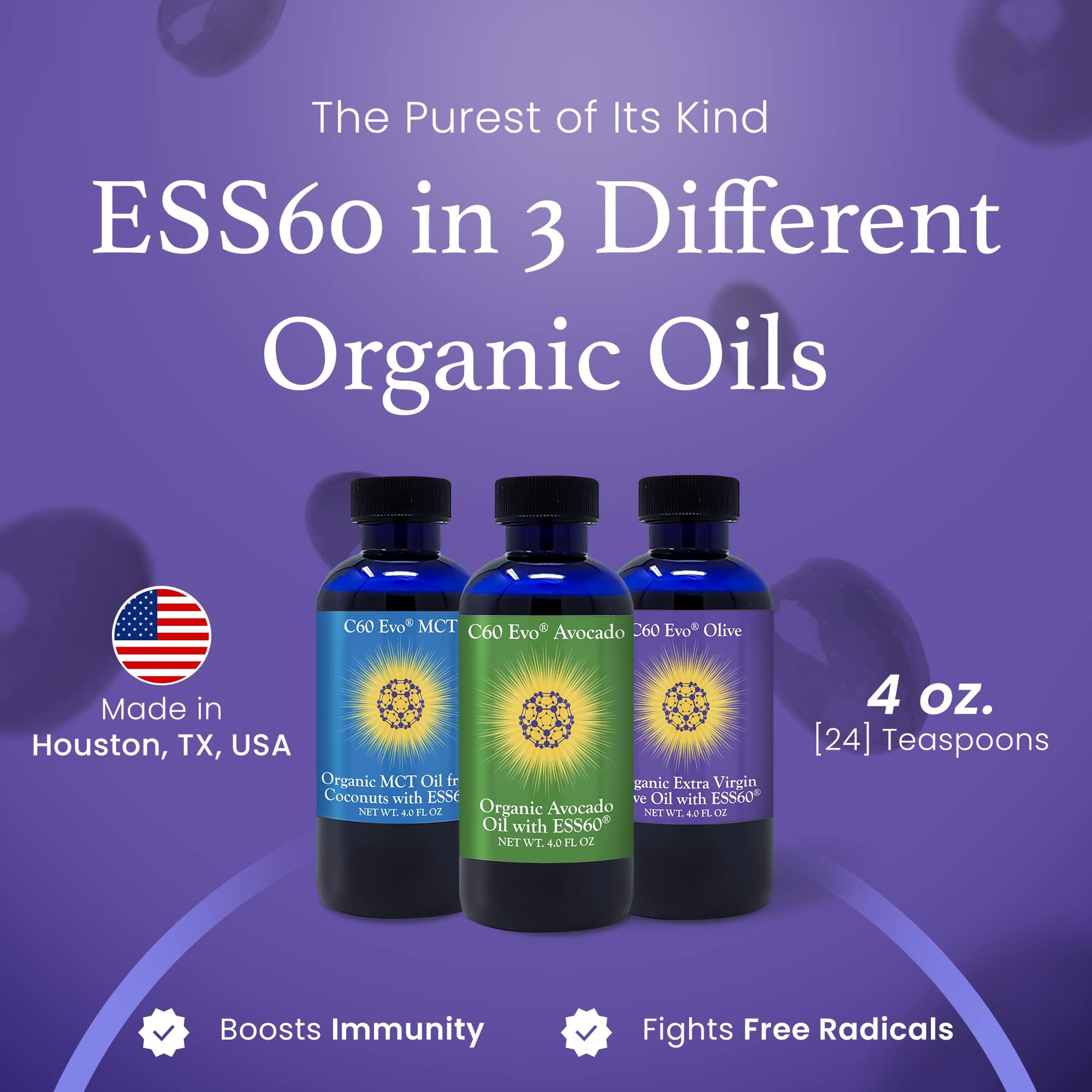 C60 Evo Organic Extra Virgin Olive Oil, Organic Avocado Oil & Organic MCT Oil | Pack of 3 Combo | 4 Fl Oz each