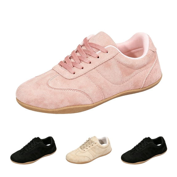 Domzle Women's Fashion Sneakers Casual Walking Shoes Lace Up Tennis Shoes Low Top, Comfortable, Lightweight, Slip on, Faux Suede, Non-Slip, Work Daily Pink