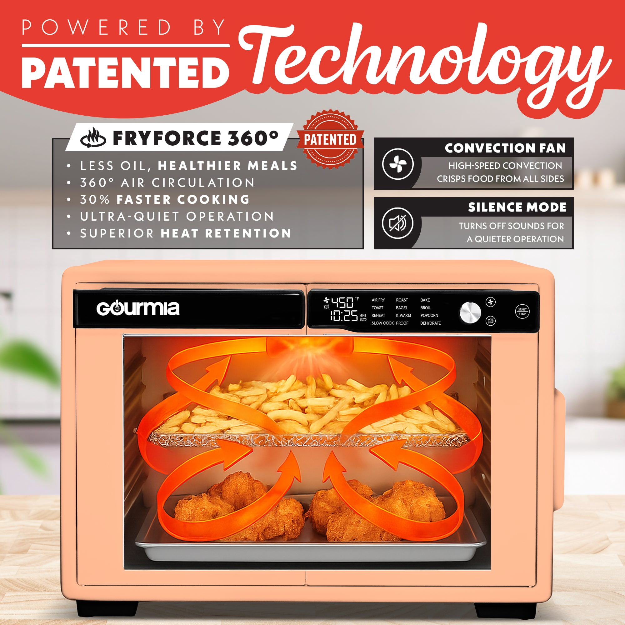 Gourmia Air Fryer French Door Toaster Oven - 9 Slice Capacity, 12 Presets, Peach