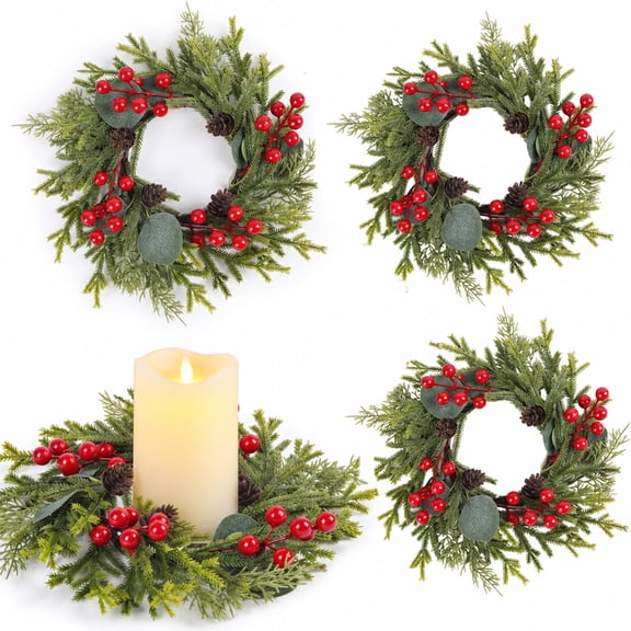 Kidzkube 4 Pcs Christmas Candle Rings Wreath Xmas Kitchen Cabinet Mini Wreath Artificial Snowy Pine with Red Berries & Pinecones for Table Window Indoor Decor