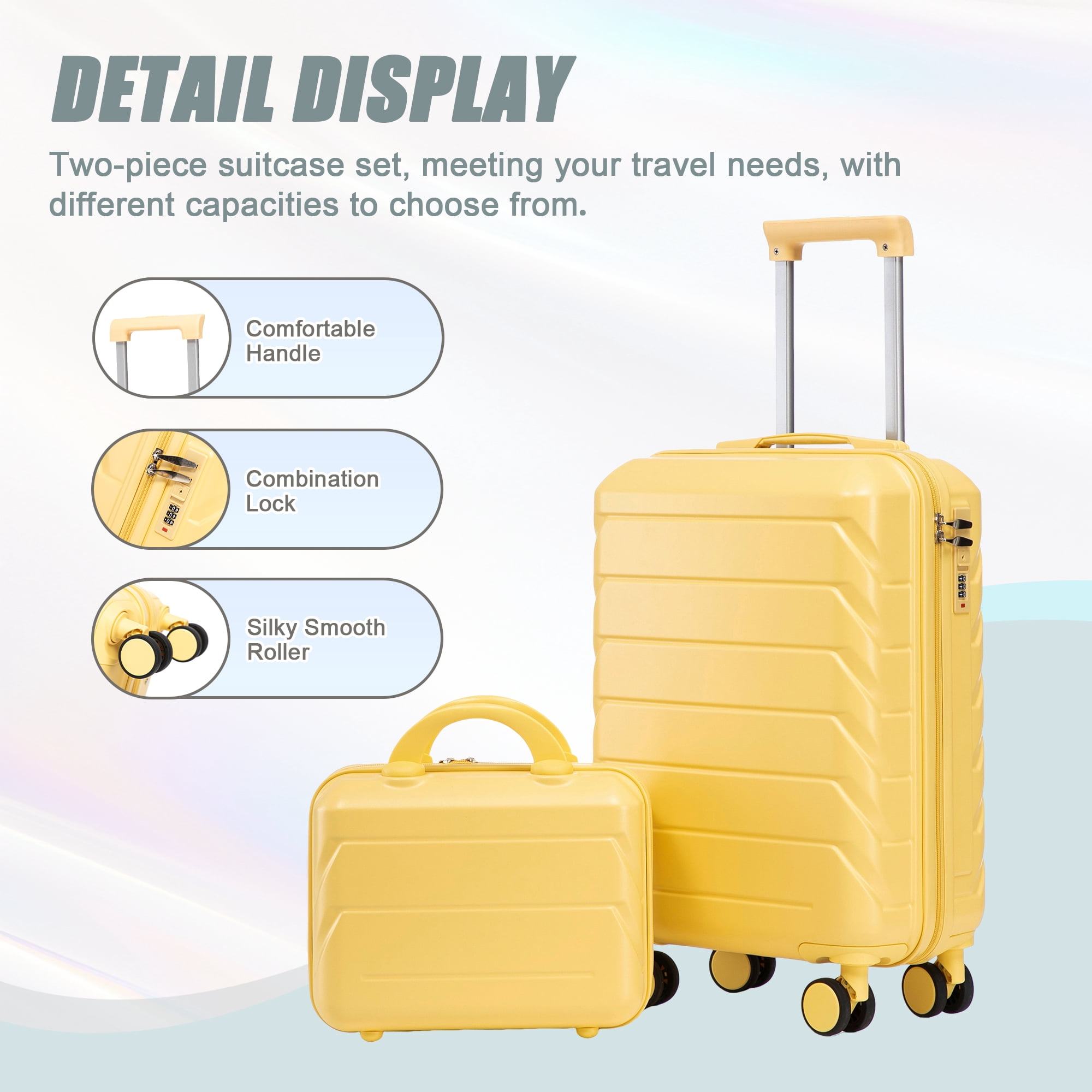 Alvantor 2 Pcs Luggage Set with Combination Lock, 20" ABS Spinner Suitcase & 14" Cosmetic Case, Yellow