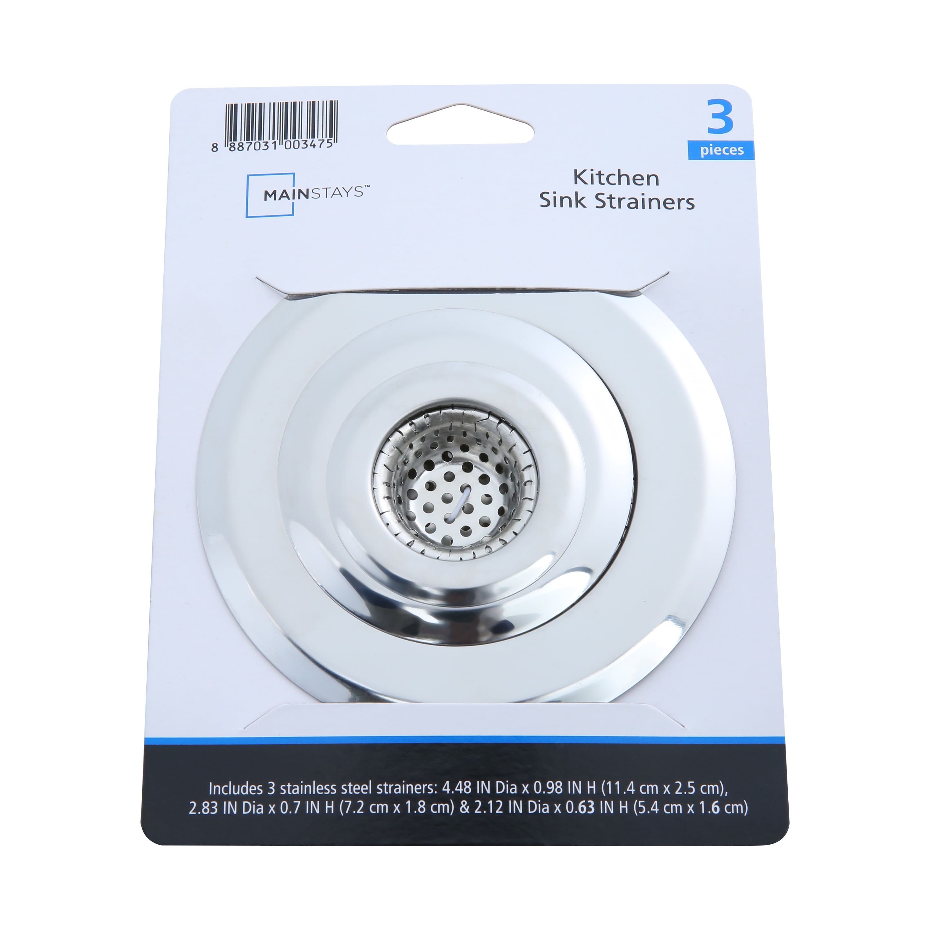 Mainstays Stainless Steel Kitchen Sink Drain Strainer Set 3 Pack 4.45", 2.95", 2.1" Silver