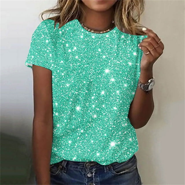 Fartey T-Shirts à Imprimé Scintillant pour Femmes Grande Taille Été Manches Courtes T-Shirt Doux Confortable Col Rond T-Shirts Mode T-Shirts Graphiques Chic Décontracté Blouses de Fête Vert Menthe P-5TG