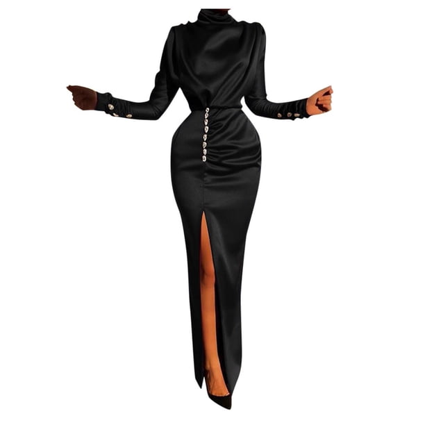 Vestido de cóctel largo de fiesta de club nocturno de manga larga con abertura alta sólida de manga larga Sexy para mujer a la moda Fridja nbo3204