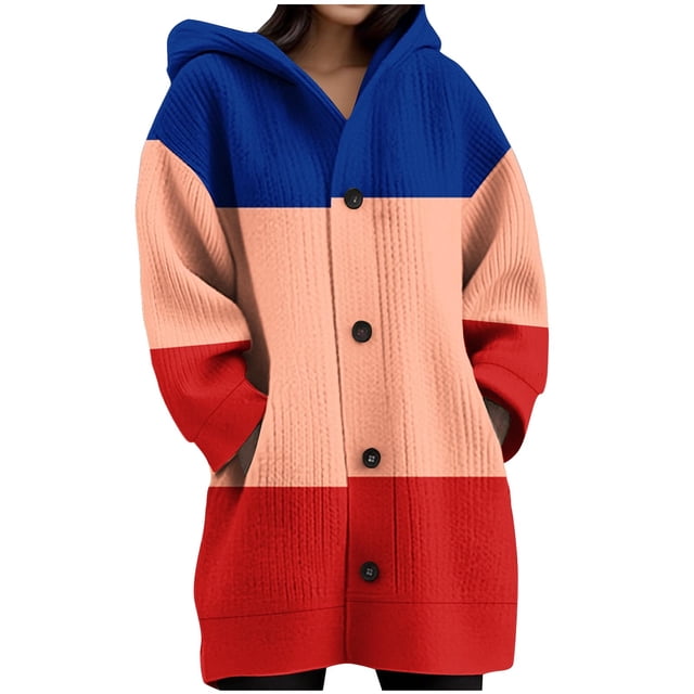 JGGSPWM Womens Printed Long Sleeve Chunky Cable Knit Fall Cardigans Sweaters Button Down Open Front Hooded Outerwear with Pockets Red L