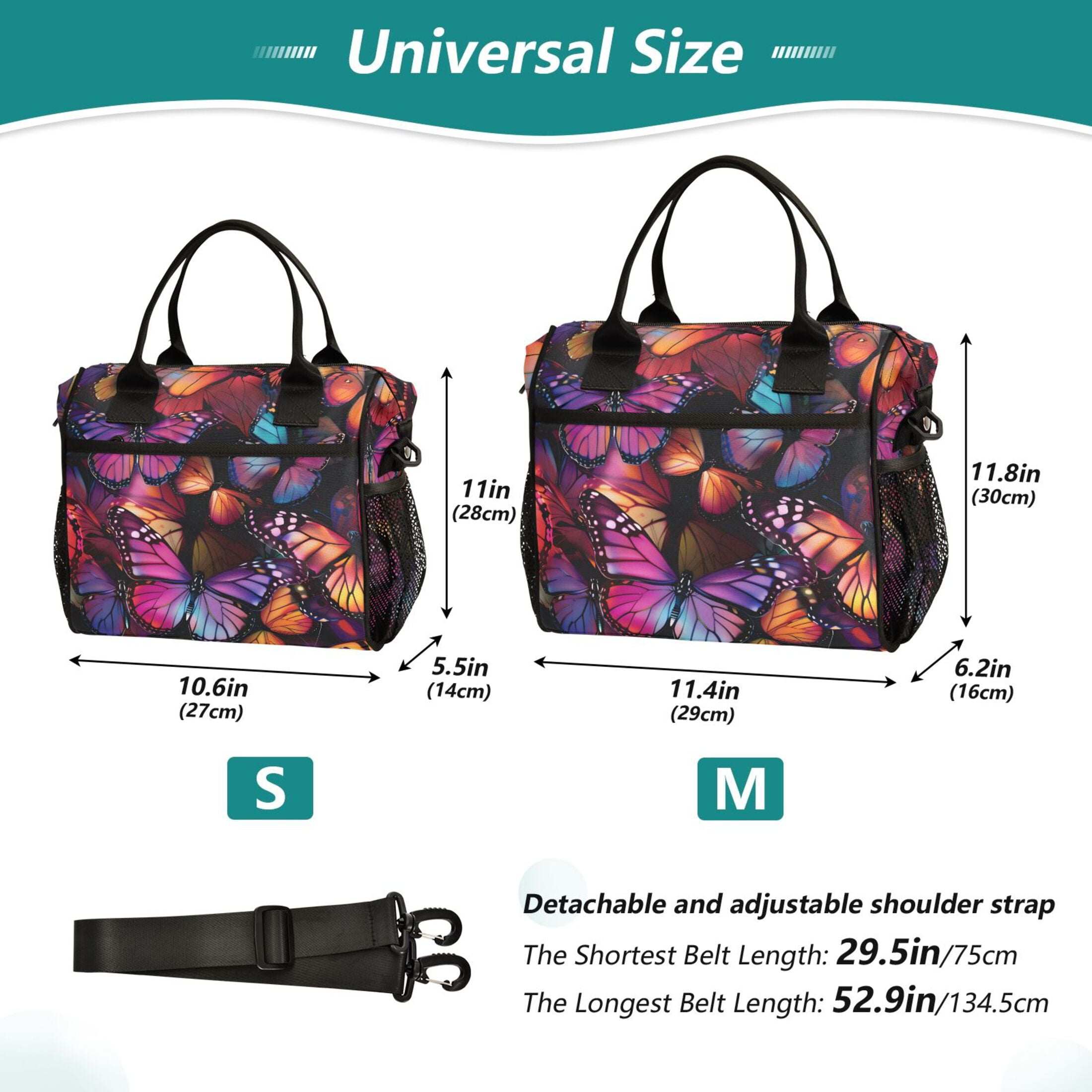 ALAZA Orange Purple Butterfly Insulated Lunch Bag Reusable Tote Box Adjustable Shoulder Strap for Work Picnic