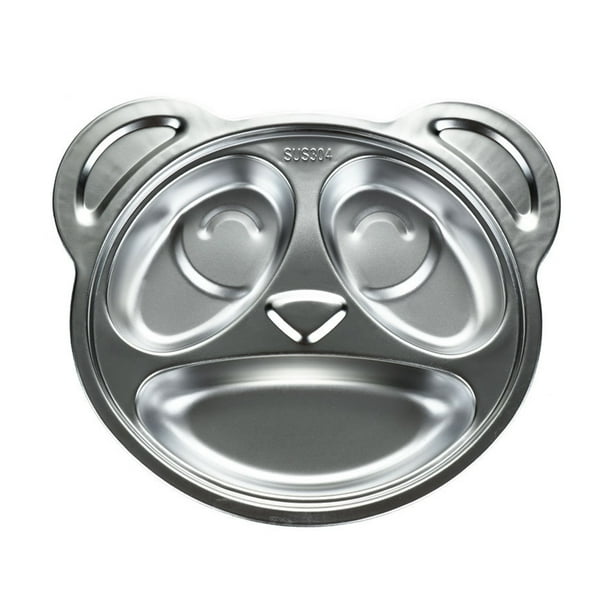 Plato de cena infantil de acero inoxidable con dibujos animados, compartimento para cubiertos, resistente a caídas, diseño en forma de oso (plateado)