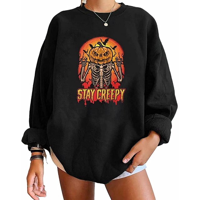 Pullovers d'Halloween pour Femmes Manches Longues Chandails en Molleton Squelette Drôle Citrouille