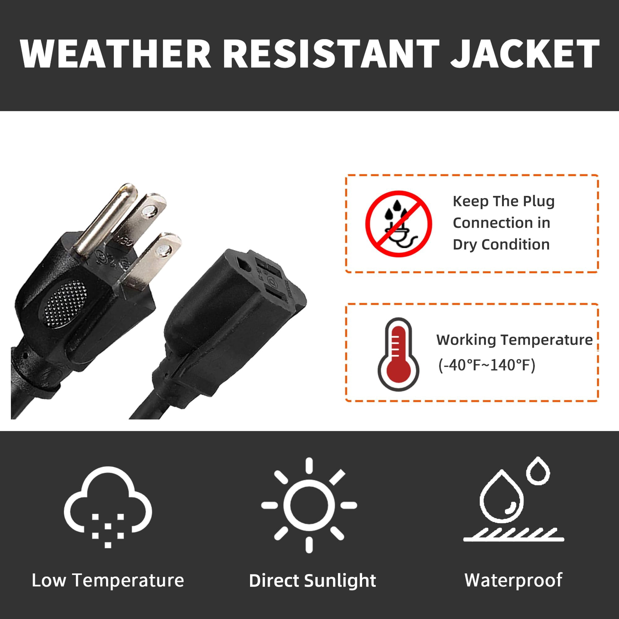 Extension Cord Black 40FT Standard for Outdoor Indoor Use