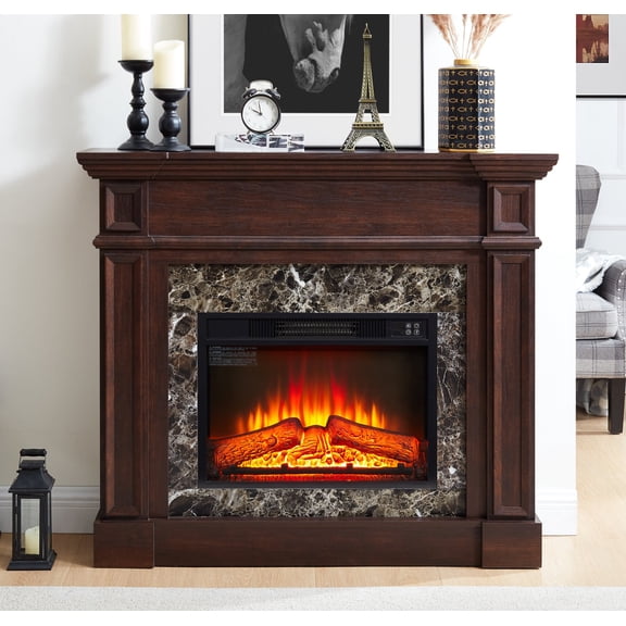 45" Electric Fireplace with Mantel, Farmhouse Fireplace Heater TV Stand with Adjustable LED Flame, Timer and Remote Control, Stacked Stone Surround, Cherry