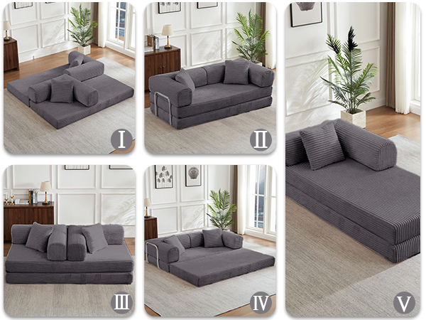 Gewnee Dark Gray 2-in-1 Convertible Corduroy Sofa Bed with High-Density Sponge No Assembly for Apartment Dorm Office