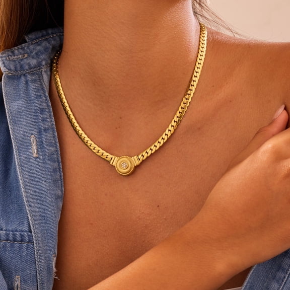 NICKSUN 18K Gold Plated Stainless Steel Cuban Link Necklace, Geometric Cubic Zirconia Inlaid Chunky Chain, Vintage Luxury Niche Clavicle Jewelry for Women