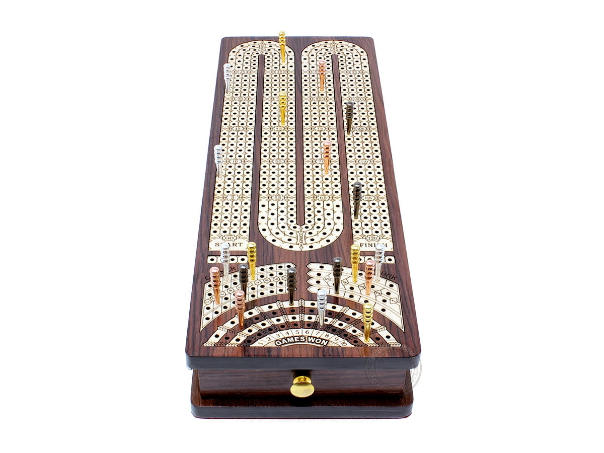 House of Cribbage - Continuous Cribbage Board / Box Inlaid Rosewood / Maple : 4 Track - Side Drawers with Score Marking Fields for Skunks, Corners and Won Games