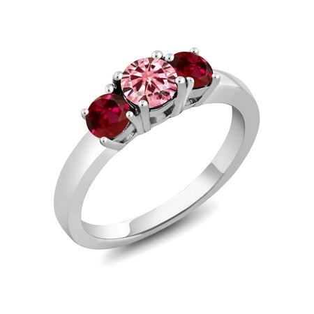 Ruby Pinky Ring - 925 Silver Ring Round Pink Created Moissanite Created Ruby Red 0.50ct DEW