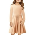 thumbnail image 2 of KkSLirnhs Dresses for Girls 7-14 Girls Long Sleeve Solid Color Stretchy Dress A Line Twirly Skater School Recital Dress 11 Years Beige, 2 of 9
