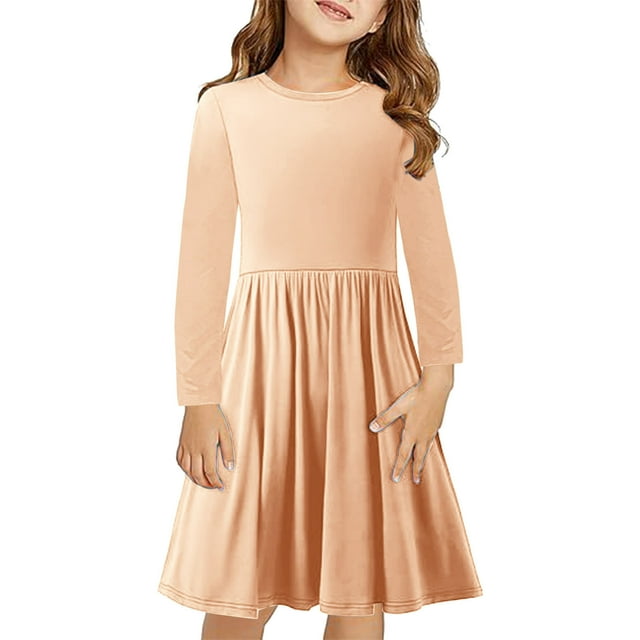 Bwiyojiz Tailles Mode 120-170 Robe à Manches Longues à Col Rond Filles Couleur Unie Extensible Ligne a Tournoyante Patineuse École Récital, 13 Ans, Cadeaux pour la Famille, Beige