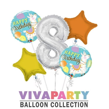 Happy Birthday Llama Round Balloon Bouquet 5 pc, 8th Birthday, Silver Number 8 Jumbo Balloon | Viva Party Balloon Collection