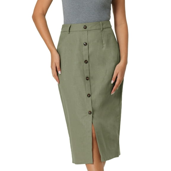 INSPIRE CHIC Women's Linen Skirt High Waist Knee Length Button Front Office Pencil Skirts Green Grey 2XL