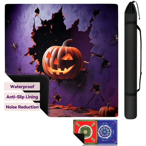 Mahjong Mat, 33x33 Inch Non-Slip Noise Reduction Waterproof Game Mat for Poker Cards Dominoes, No-Crease Surface with Black Carry Bag (Pumpkin Theme)