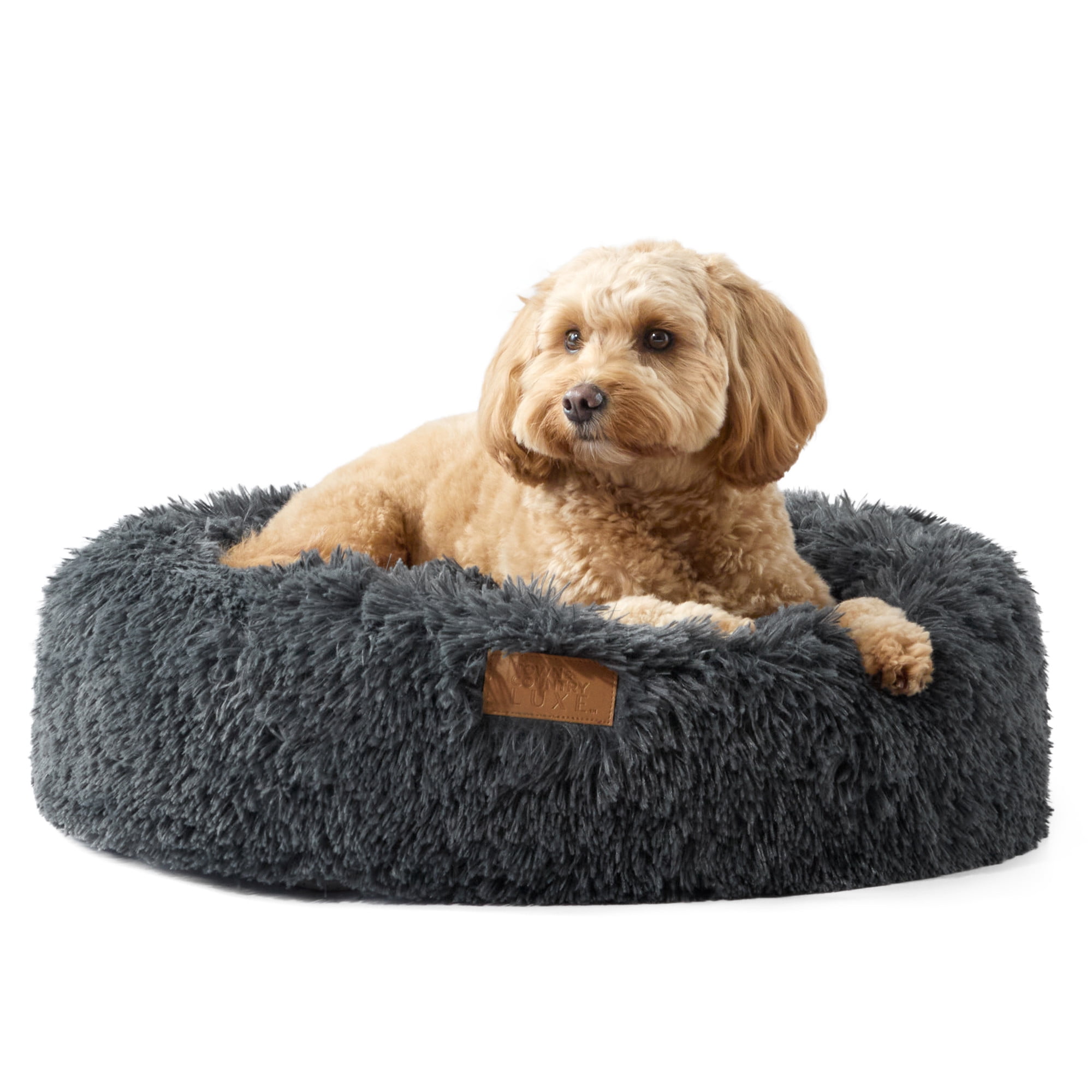 TOWN & COUNTRY LUXE CuddleTown Fuzzy Solid Donut Pet Bed, Soft, Cozy & Calming, Water Repellent, Non-Slip Bottom, 100% Machine Washable, Dark Grey, Small 24"x24"x7" Round