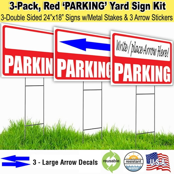 3 Pack Parking Lawn Sign Kit with Arrow Stickers