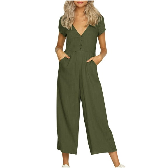 Spring Savings Clearance Lindreshi Jumpsuits for Women Casual Women's Fashionable V-neck Button Cut Open Back Casual Short Sleeved Jumpsuit