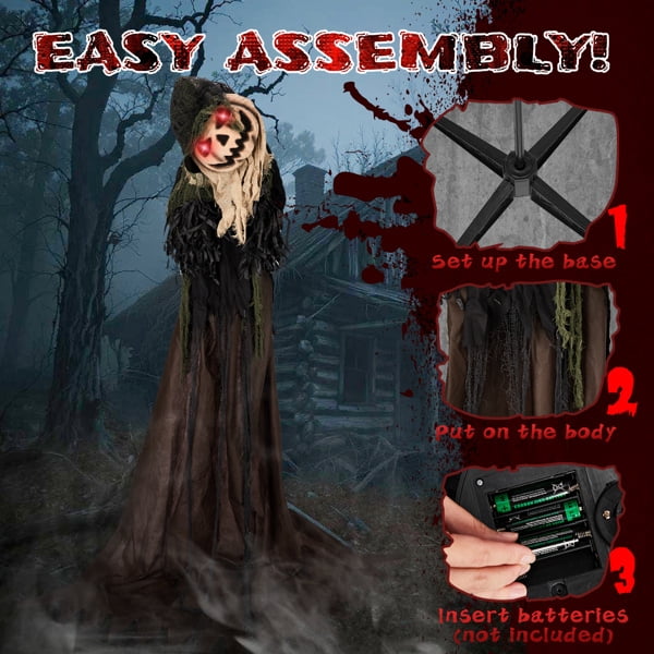 5.7FT Animatronics Wizard with Pumpkin Face Sound-Activated Moving Head Red Eyes for Halloween Haunted House