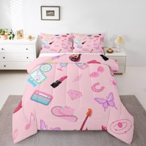Manfei Girly Pink Fashion Full Size Comforter Sets for Teen, Cartoon Princess Hat Bedding Comforter Set, Kawaii Butterfly Reversible Bedding Sets, Breathable Home Decor, 3 Pieces