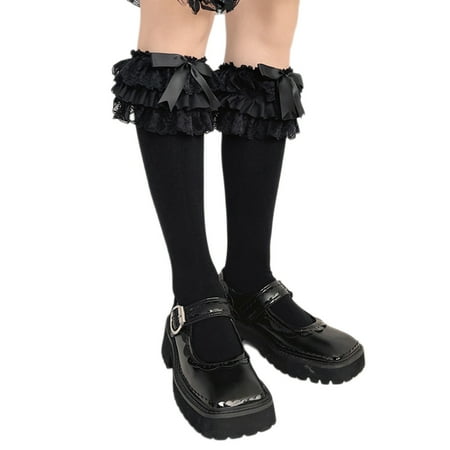 

1 Pair Women Girls Sweet Lolita Black White Knee High Socks Bowknot Ruffled Frilly Lace Trim Japanese Student Stockings