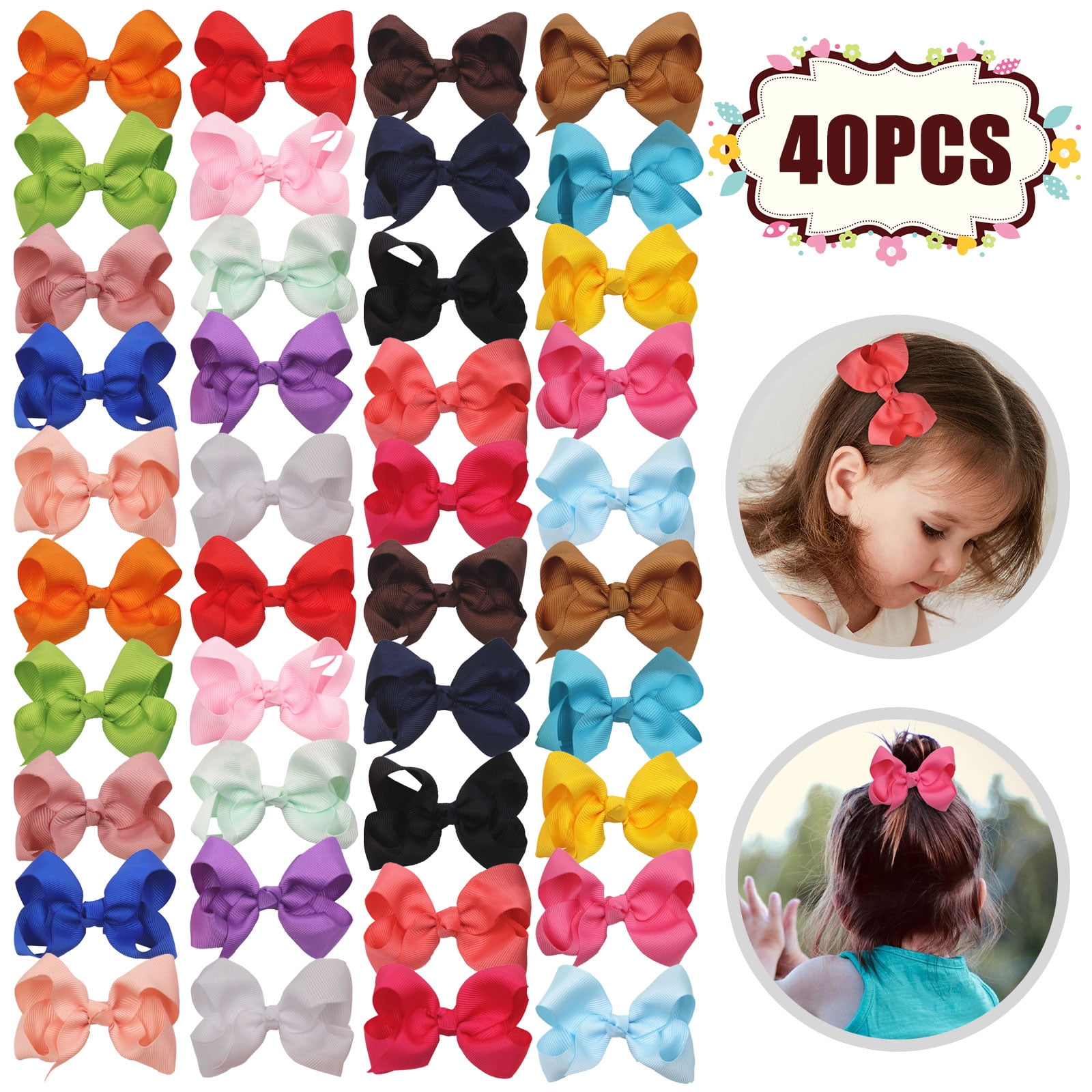 40pcs 2 Chiffon Flower Clips Ribbon Lined Clips Tiny Hair Clips for Baby Girls Infants Toddlers Kids 20 Colors in Pairs