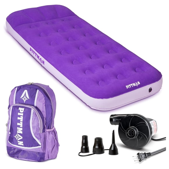 Pittman Outdoors Kids Air Mattress, 74" x 30" Inflatable Bed with Pump & Backpack, Purple