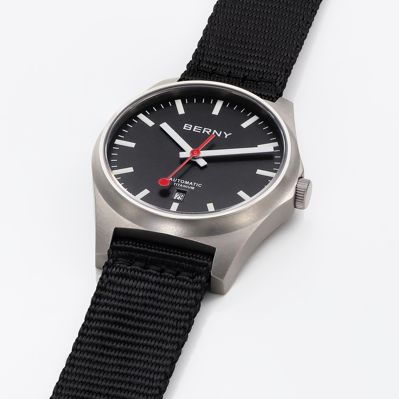 BERNY Automatic Titanium Watches for Men, Sport Casual 10ATM Waterproof Analog Mechanical Watch with Date, Nylon Strap, Super Luminous, Sapphire Crystal, Fashion Minimalist Wrist Watch (Black)