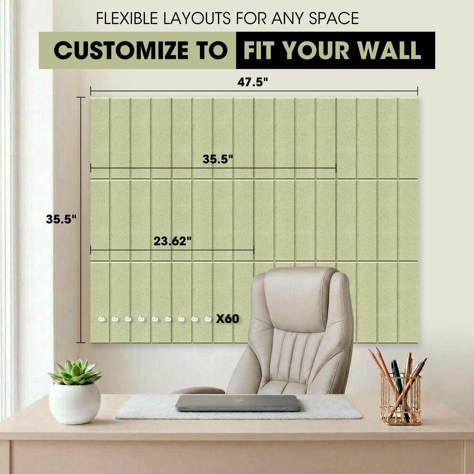 Felt Bulletin Board Tiles Large 48" x 36" Cork Board Alternative-12 Pack with 60 Adhesive Tabs, Thick Slat Wall Panels for Office Decor, Push Pin Board Wall Organizer Alternative -Pale Green