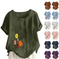 thumbnail image 5 of Husipze Women's Cotton Linen Blouse Summer Round Neck Short Sleeve Flower Printed Shirt Tops Blouses for Women Dressy Casual Purple 4XL on Clearance, 5 of 5
