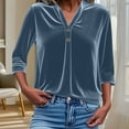 thumbnail image 2 of Smaickrr Summer Velvet Tops for Women 3/4 Sleeve Lapel Buttons V Neck Solid Pleated Front Button Down Blouses Dressy Casual Tunic Tops Plus Size Velvet Shirt for Women Work, 2 of 7