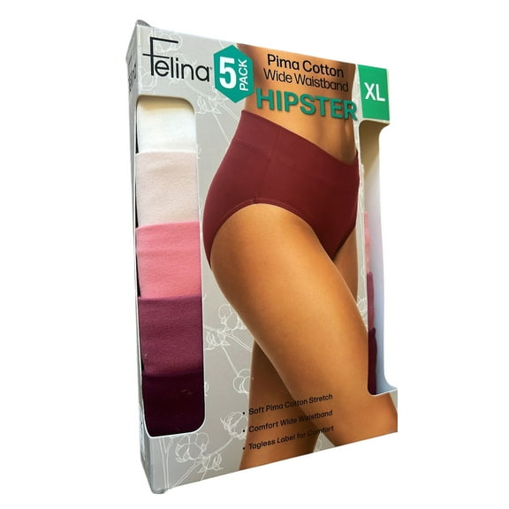 Felina Pima Cotton Wide Waistband 5 Pack XL Hipster Panties