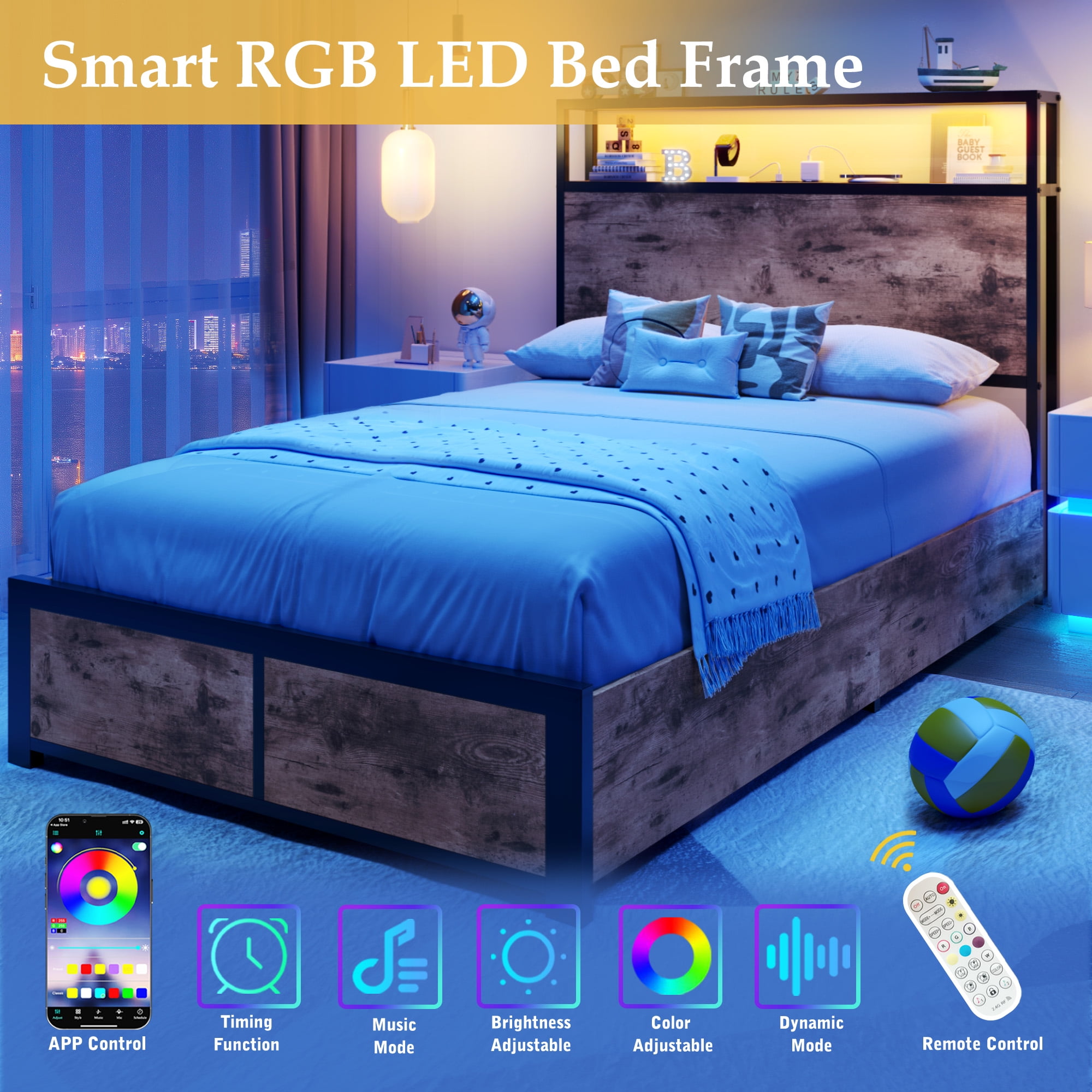 Fluest Twin Bed Frame with 2-Tier Storage Headboard, USB Port and LED Light, 4 Storage Drawers, Brown