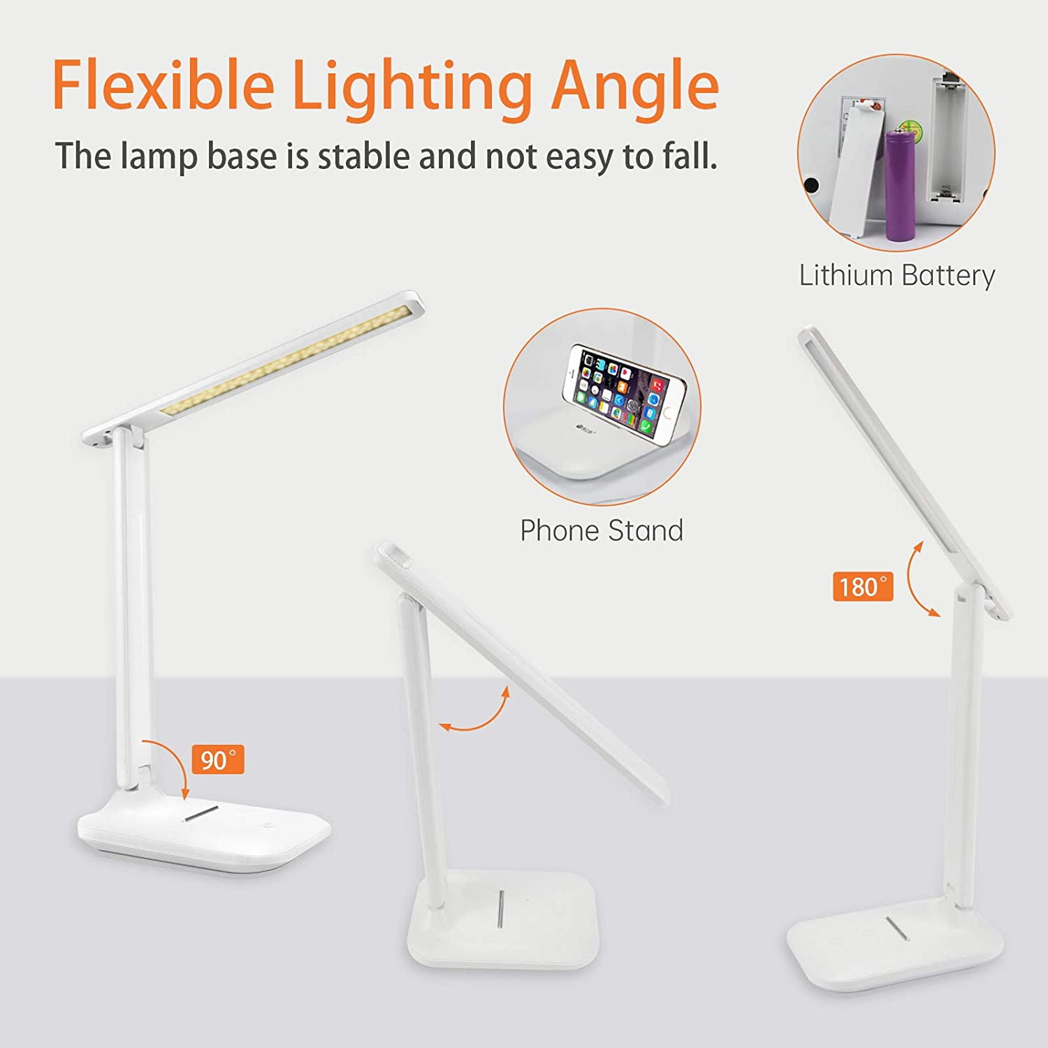 Wewdigi LED Desk Lamp with Adjustable Brightness Level for Eye Protection, Touch Controls, USB Charging, White