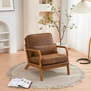 Accent Chairs, Single Linen Lounge Reading Armchair with Solid Wood Frame, Mid Century Modern Easy Assembly Arm Chairs for Living Room-Brown