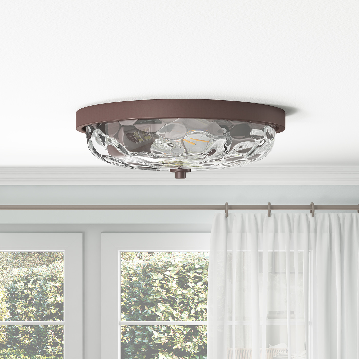 Aiwen 2-Light Bronze Ceiling Lamp Ripple Clear Glass Metal Flush Mount Light Fixture
