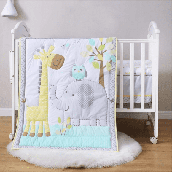 Sweet Baba 3-Piece Organic Cotton Crib Bedding Set for Neutral Boy and Girl,Portable Standard Baby Bedding Set, Woodland Deer Elephant Crib Set, Yellow/Grey/Teal